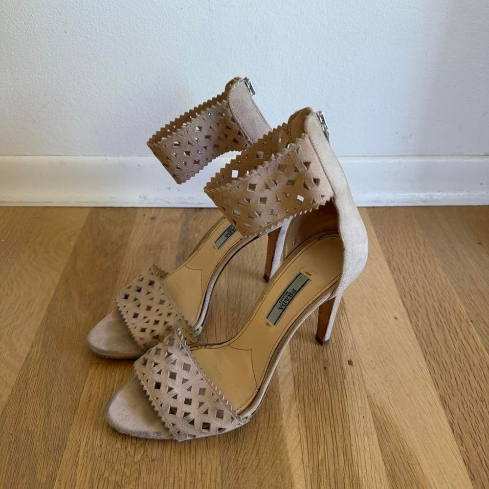 Prada tan leather sandals with cut-out diamond pattern
